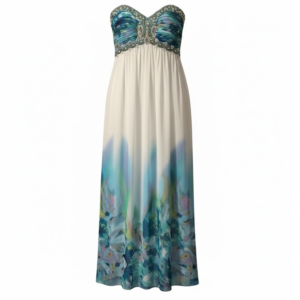 Cachet Strapless Beaded Chiffon Maxi Dress in Blue Ombre